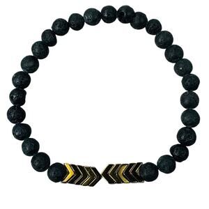 Black Stretchy Round Beaded Bracelet with Dark Gold Toned Arrow Beads